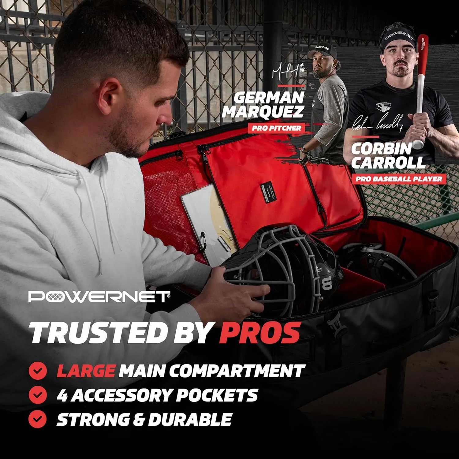 PowerNet Baseball Bag, Travel Bag for Softball Baseball Accessories & Baseball Gear, Fits Baseball Glove, Bat, Helmet, Batting Gloves & Catchers Gear