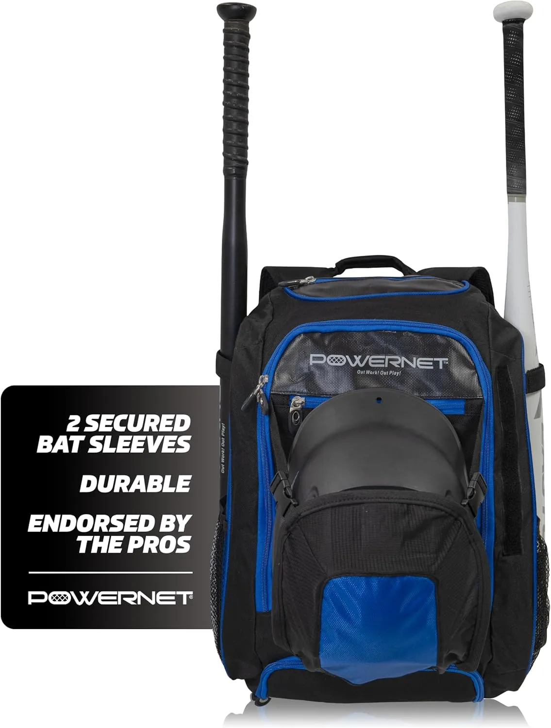 PowerNet Baseball Softball Backpack, Choose from 3 Colors Red Black Blue, Padded Helmet Carrier, Dual Bat Sleeves, Vented Cleat Compartment, Fence Hook, Hook and Loop Batting Glove Area