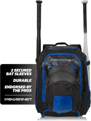 PowerNet Baseball Softball Backpack, Choose from 3 Colors Red Black Blue, Padded Helmet Carrier, Dual Bat Sleeves, Vented Cleat Compartment, Fence Hook, Hook and Loop Batting Glove Area