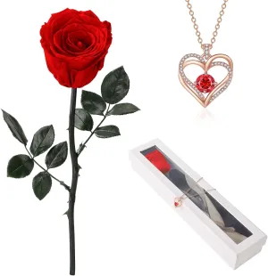 Preserved Rose Flower with Necklace, Real Flowers for Delivery Prime, Single Eternal Red Rose Flower Gifts for Women, Birthday, Anniversary Valentines Gifts Wife Her Mom (Red)