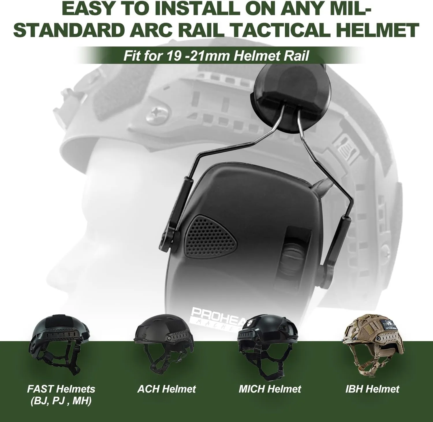 PROHEAR Arc Rail Adapter for Helmet Shooting Ear Protection Earmuffs, NRR 23dB Noise Reduction Hearing Protection for Hunting, Black
