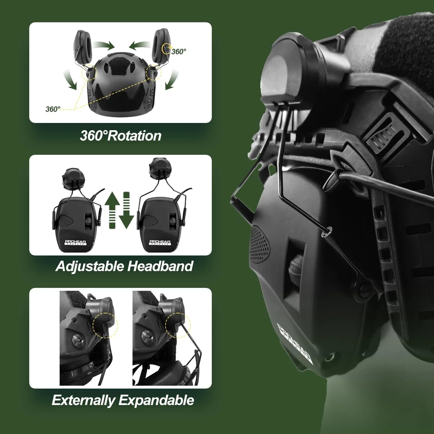 PROHEAR Arc Rail Adapter for Helmet Shooting Ear Protection Earmuffs, NRR 23dB Noise Reduction Hearing Protection for Hunting, Black