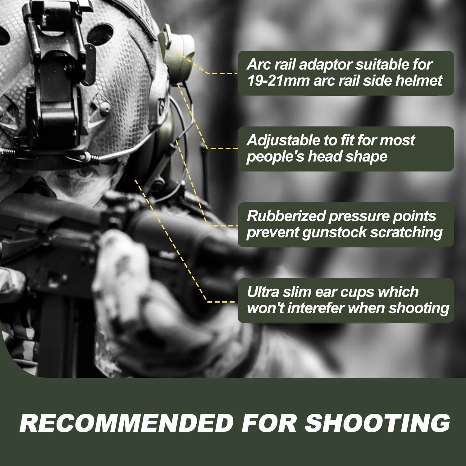 PROHEAR Arc Rail Adapter for Helmet Shooting Ear Protection Earmuffs, NRR 23dB Noise Reduction Hearing Protection for Hunting, Green