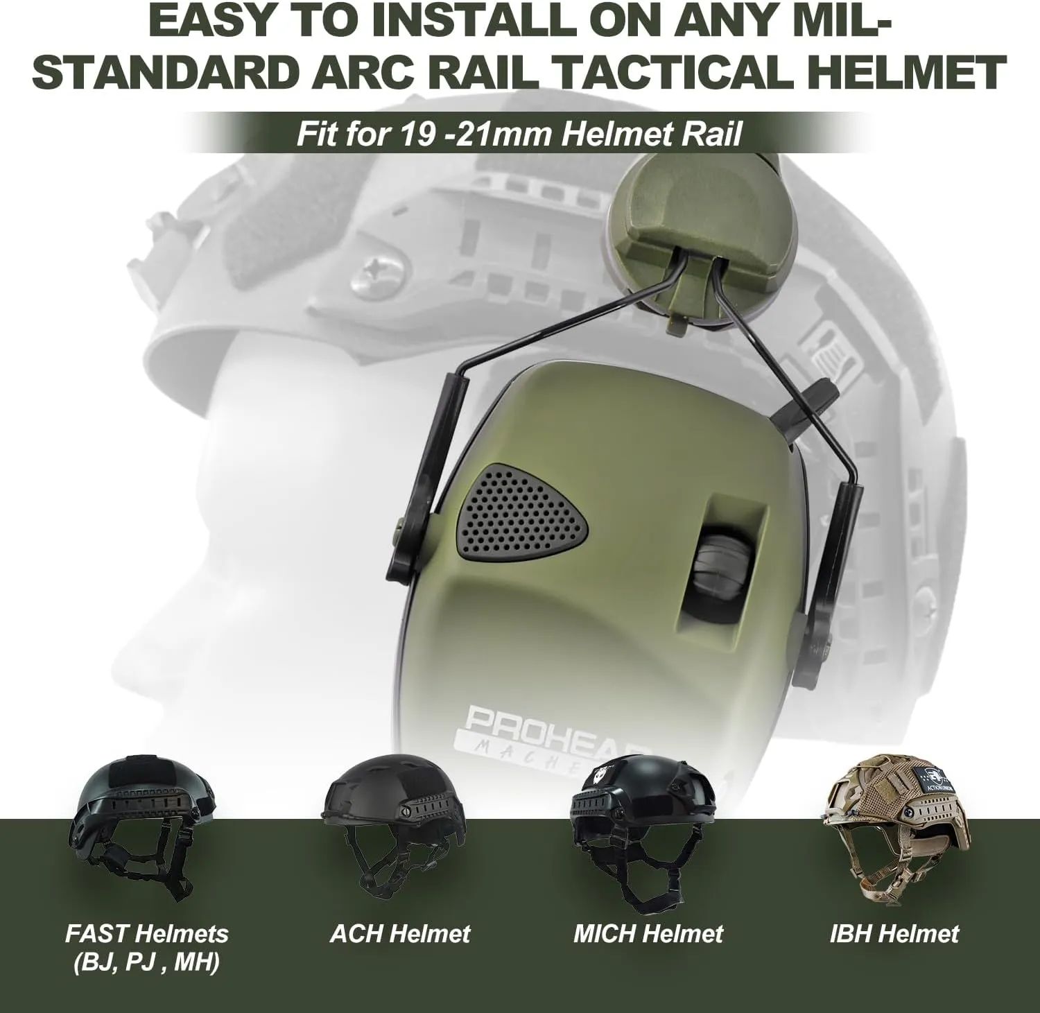 PROHEAR Arc Rail Adapter for Helmet Shooting Ear Protection Earmuffs, NRR 23dB Noise Reduction Hearing Protection for Hunting, Green