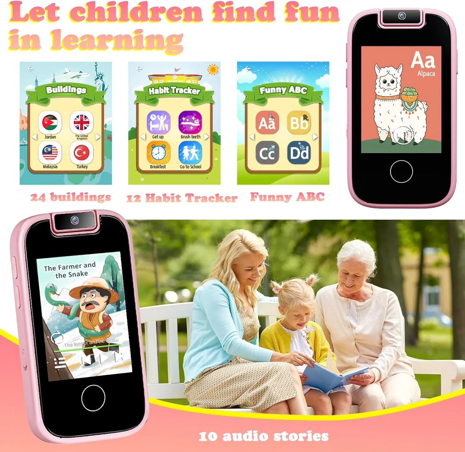 PTHTECHUS Kids Phone Toys for Girls Boys - Toddler Touchscreen MP3 Music Player with Dual Camera, Habit Tracker, Games, Alphabet, Educational Learning Toys Birthday Gifts for 3-7 with SD Card Pink