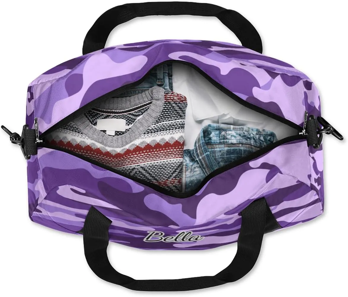 Purple Camouflage Custom Kids Duffel Bags Personalized Customized Girls Dance Bag Custom Name Sports Gym Bag Foldable Overnight Weekender Sleepover Carry On Travel Tote Bag for Boys Girls