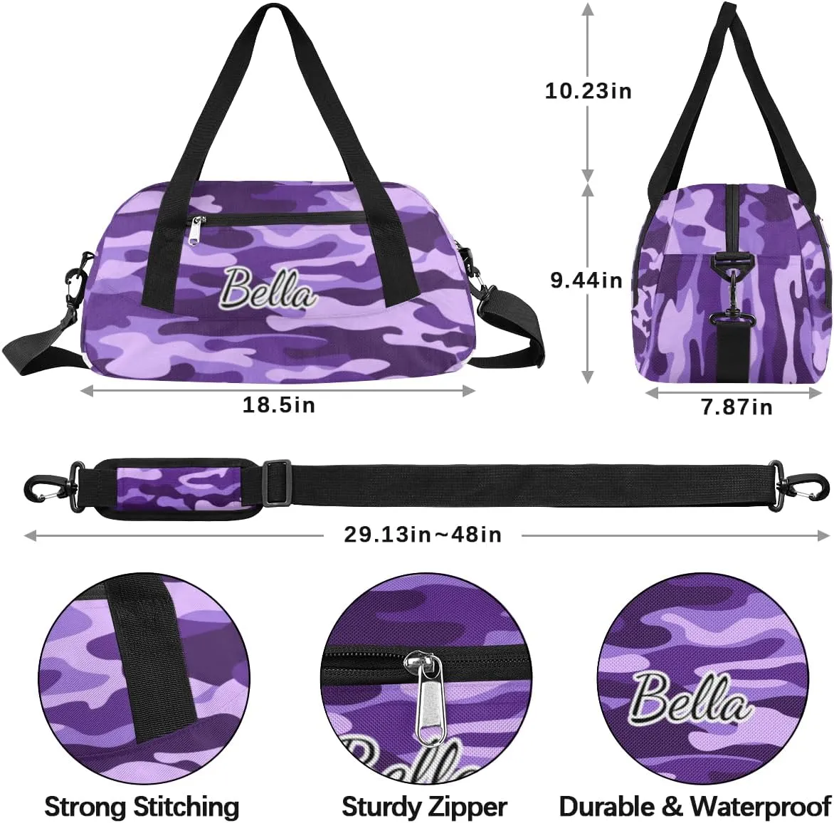 Purple Camouflage Custom Kids Duffel Bags Personalized Customized Girls Dance Bag Custom Name Sports Gym Bag Foldable Overnight Weekender Sleepover Carry On Travel Tote Bag for Boys Girls