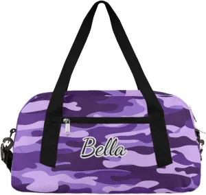Purple Camouflage Custom Kids Duffel Bags Personalized Customized Girls Dance Bag Custom Name Sports Gym Bag Foldable Overnight Weekender Sleepover Carry On Travel Tote Bag for Boys Girls