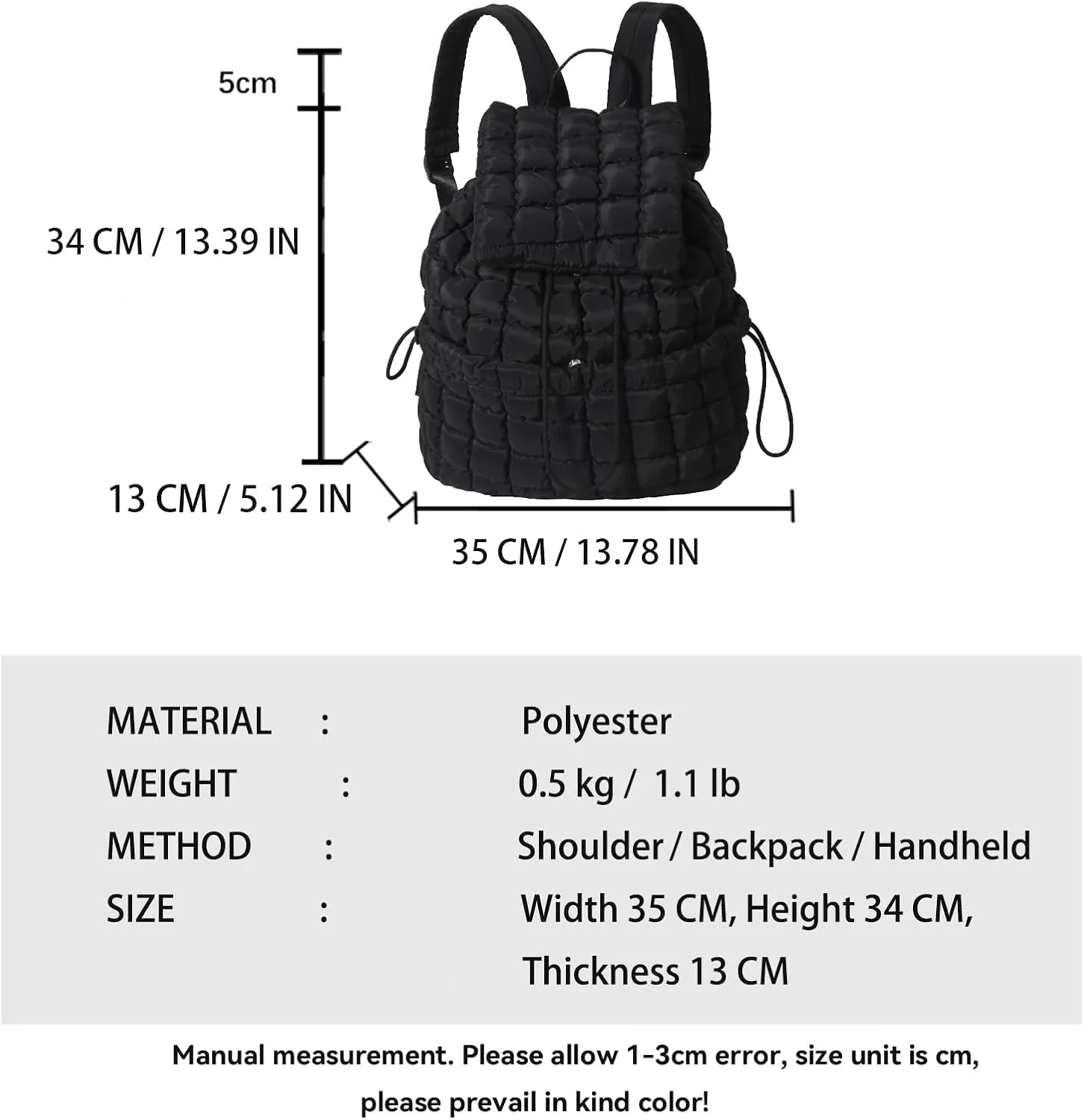Quilted Backpack for Women - Lightweight Puffer Quilted Travel Backpack, Puffer Travel Bag for Casual Daypack (Black)