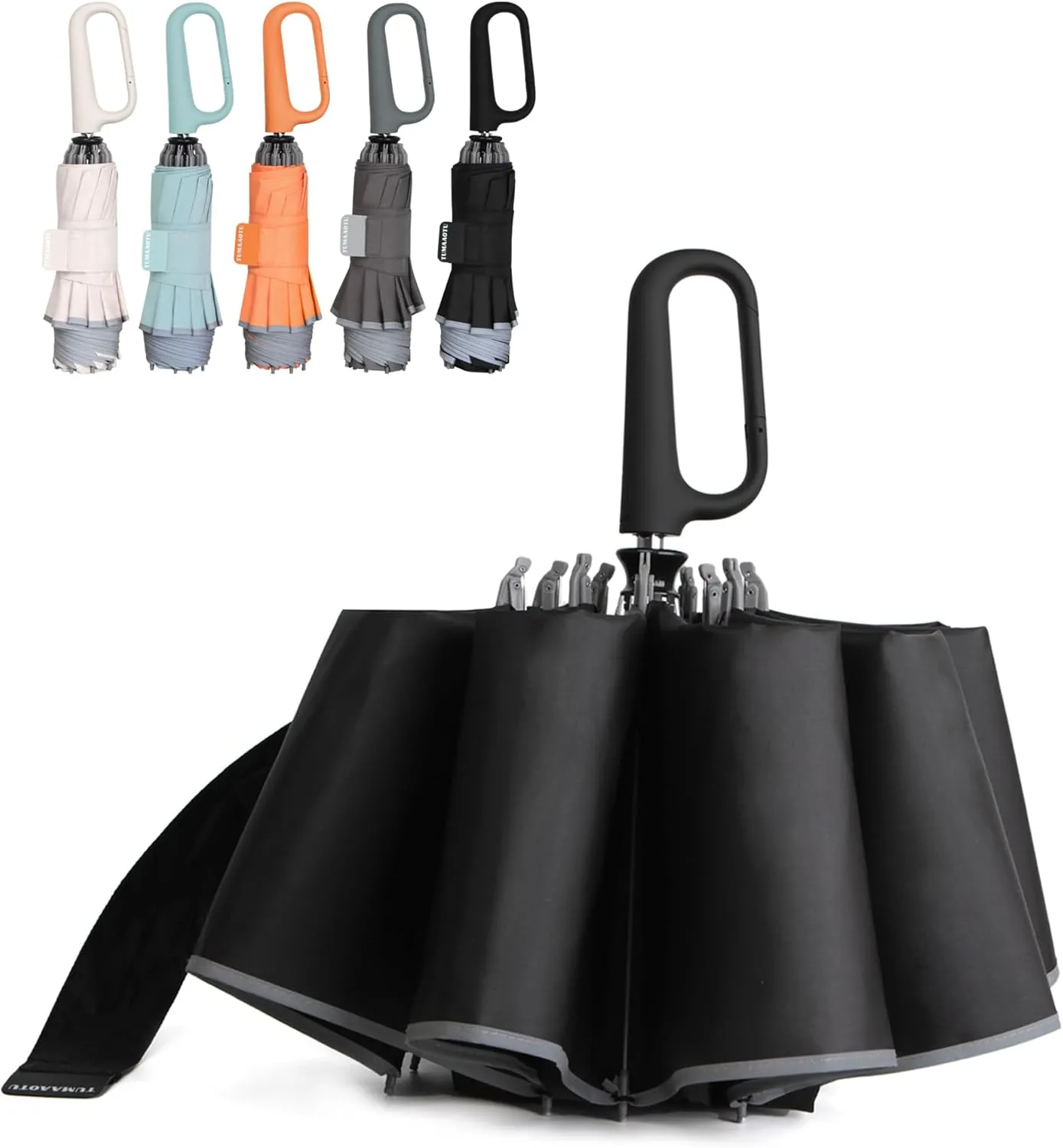QWB TUMAAOTU Inverted Umbrella with Carabiner Handle, Wind Proof Umbrellas For Rain and Sun, 46 Inch Portable Reverse Folding UV Umbrella, Car Umbrella for Women Men, 10 Ribs