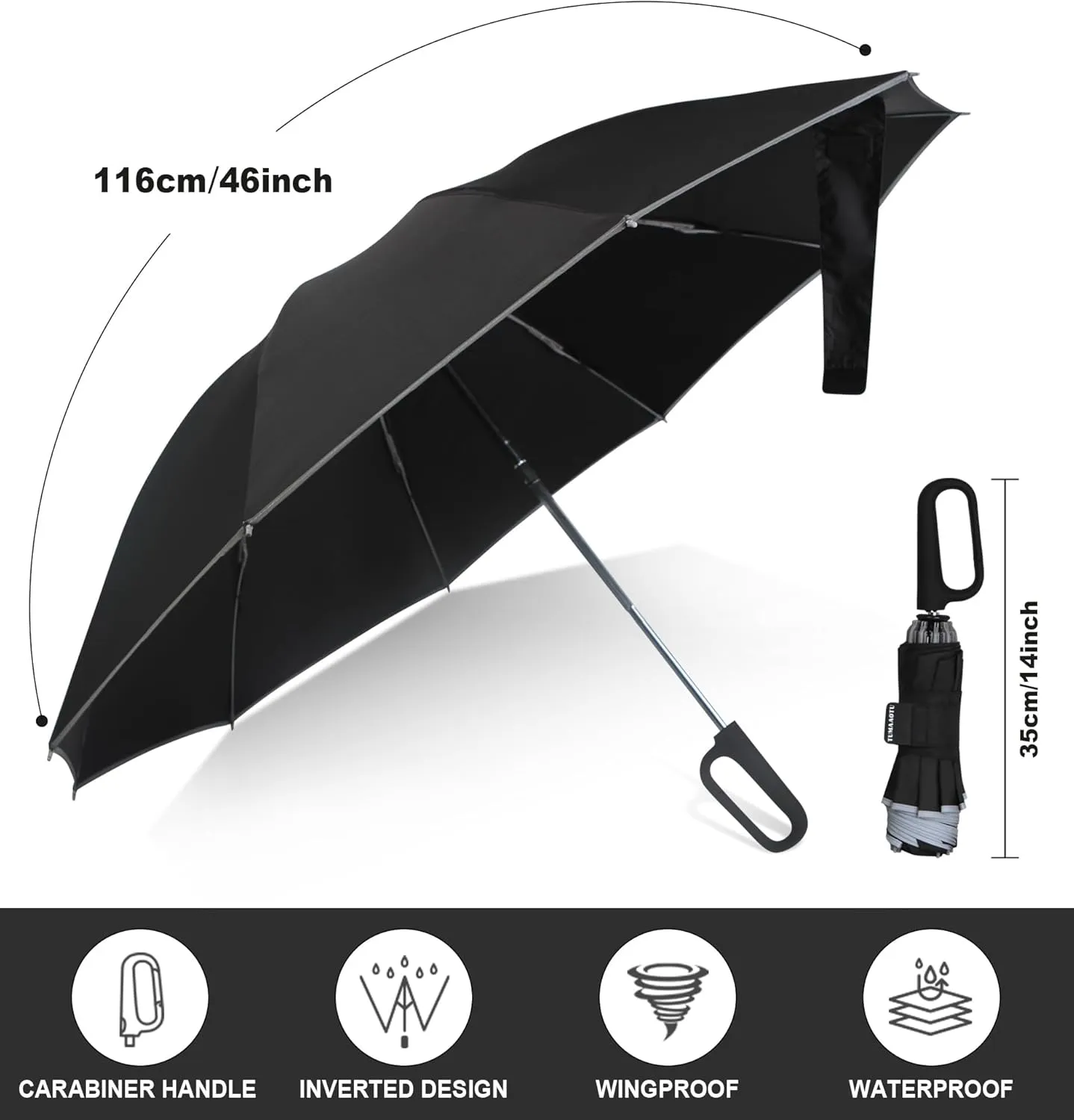 QWB TUMAAOTU Inverted Umbrella with Carabiner Handle, Wind Proof Umbrellas For Rain and Sun, 46 Inch Portable Reverse Folding UV Umbrella, Car Umbrella for Women Men, 10 Ribs