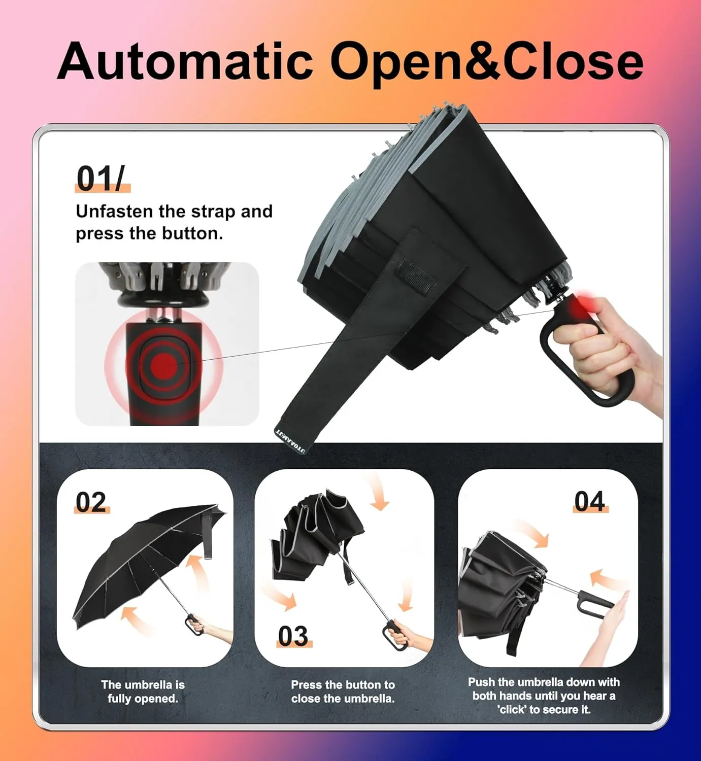 QWB TUMAAOTU Inverted Umbrella with Carabiner Handle, Wind Proof Umbrellas For Rain and Sun, 46 Inch Portable Reverse Folding UV Umbrella, Car Umbrella for Women Men, 10 Ribs