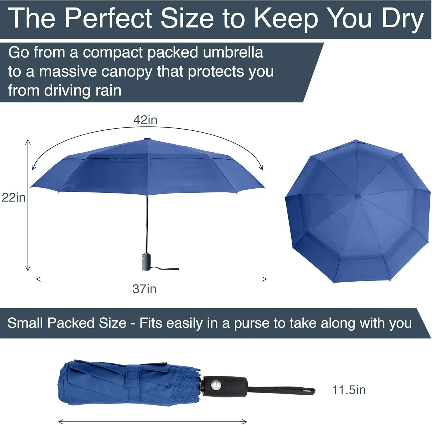 RainPlus Windproof Travel Umbrella - Compact, Automatic, Folding and Portable - Umbrellas For Rain for Men and Women - Car, Backpack, Purse, Strong & Wind Resistant
