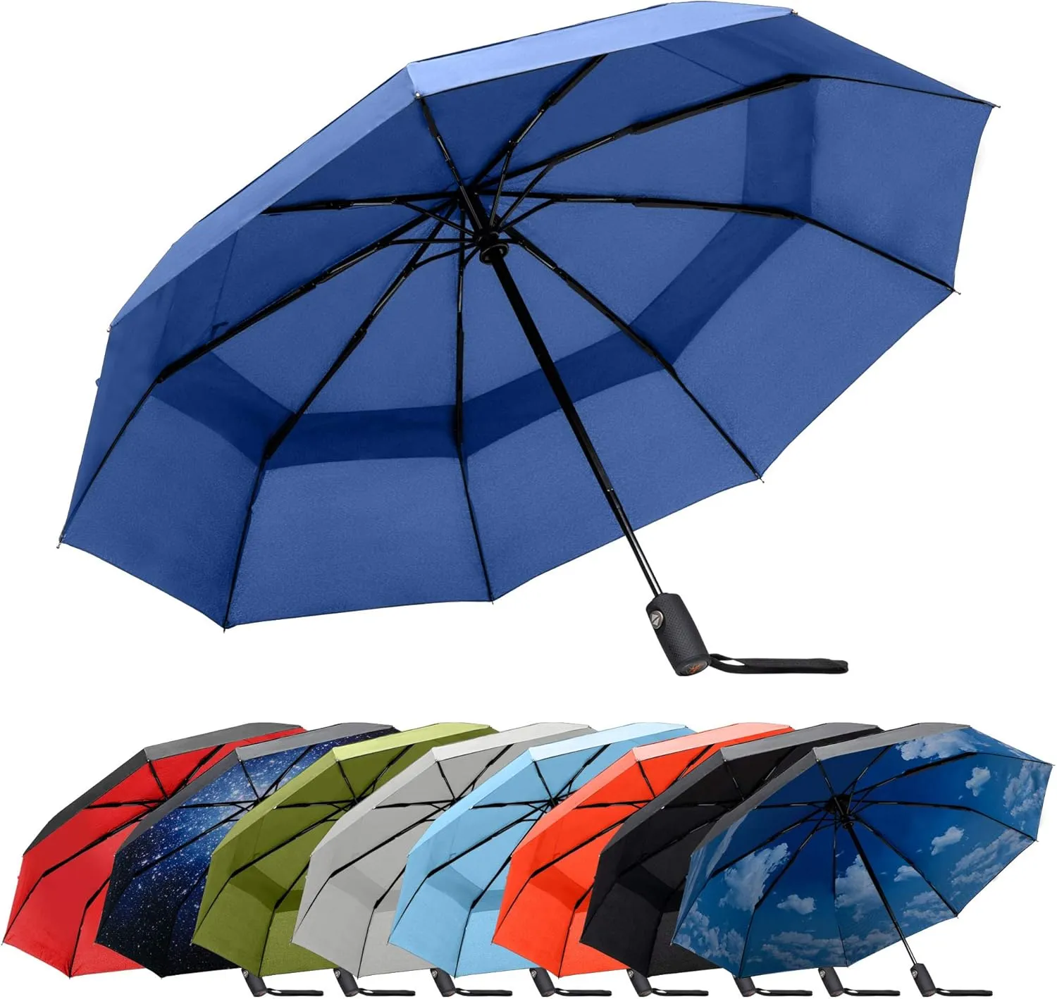 RainPlus Windproof Travel Umbrella - Compact, Automatic, Folding and Portable - Umbrellas For Rain for Men and Women - Car, Backpack, Purse, Strong & Wind Resistant