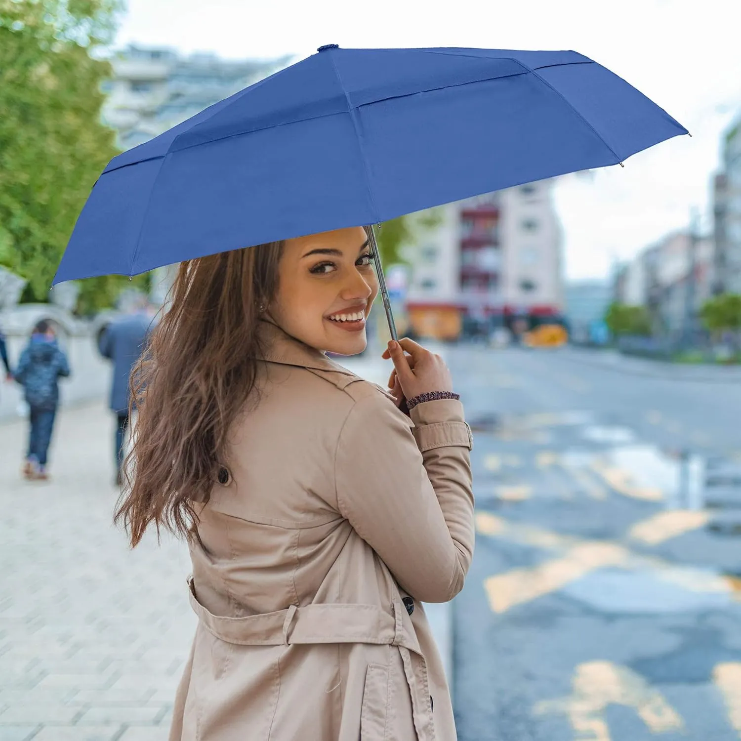 RainPlus Windproof Travel Umbrella - Compact, Automatic, Folding and Portable - Umbrellas For Rain for Men and Women - Car, Backpack, Purse, Strong & Wind Resistant