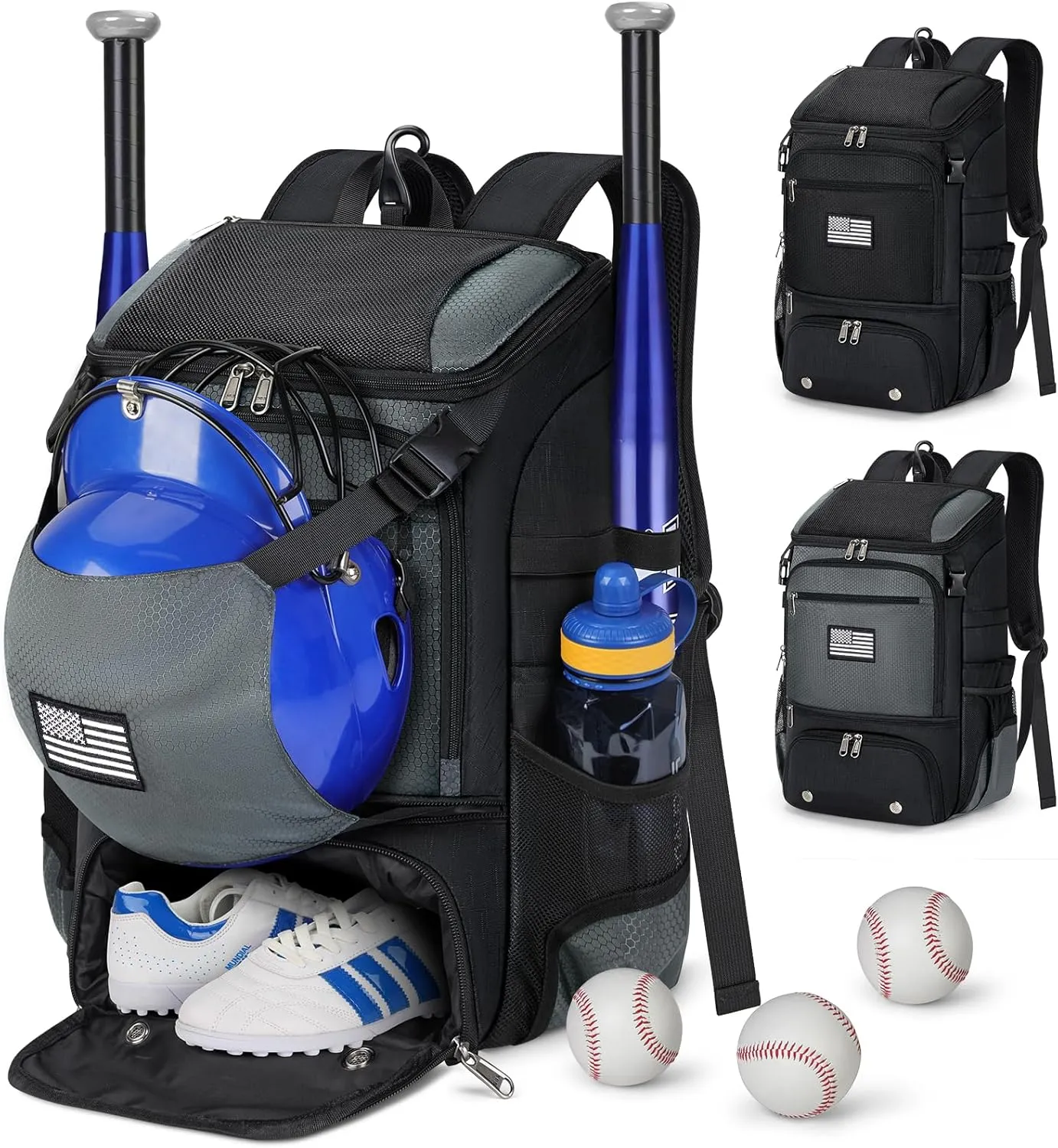 RAINSMORE Baseball Backpack Lightweight Softball Bag for Youth & Adults with Dual Helmet Storage, Shoe Compartment & Fence Hook Baseball Bag, T-Ball Bag for Games Equipment & Travel Gear