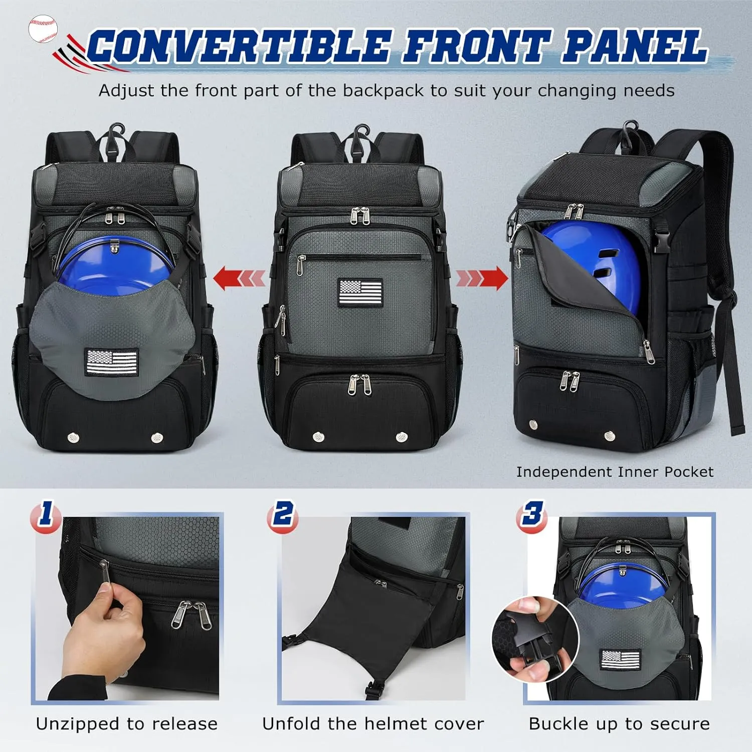 RAINSMORE Baseball Backpack Lightweight Softball Bag for Youth & Adults with Dual Helmet Storage, Shoe Compartment & Fence Hook Baseball Bag, T-Ball Bag for Games Equipment & Travel Gear