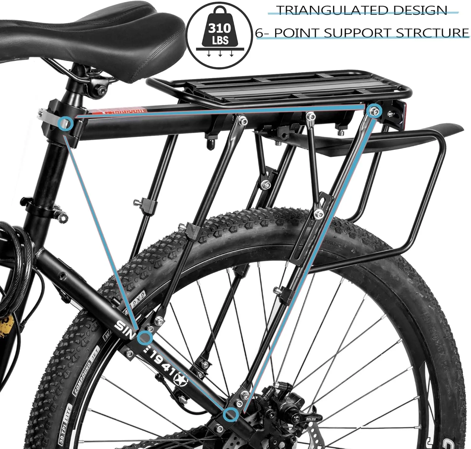 Rear Bike Rack,310 LB Capacity Solid Bearings Bike Cargo Rack w/Fender & Large Size Reflective,Quick Release Mountain Road Bicycle Rear Racks,Universal Bike Luggage Touring Carrier Rack,YONTUO
