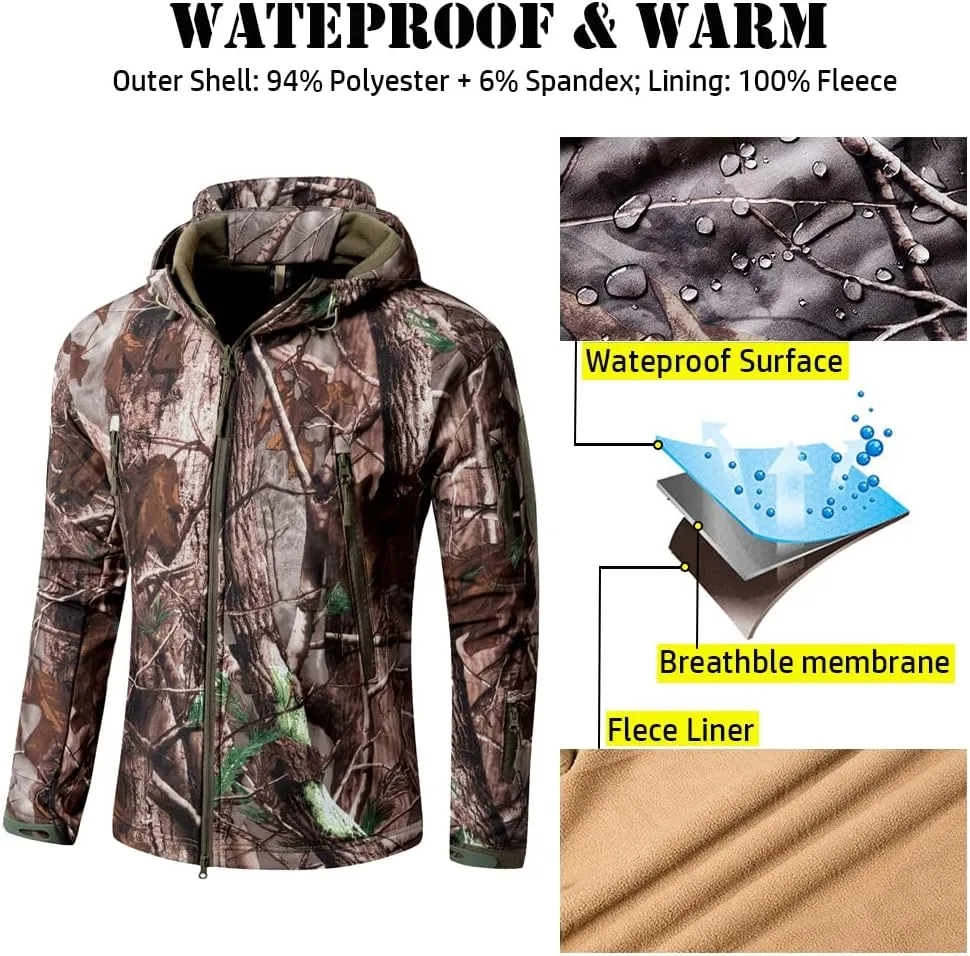 ReFire Gear Men's Soft Shell Military Tactical Jacket Outdoor Camouflage Hunting Fleece Hooded Coat