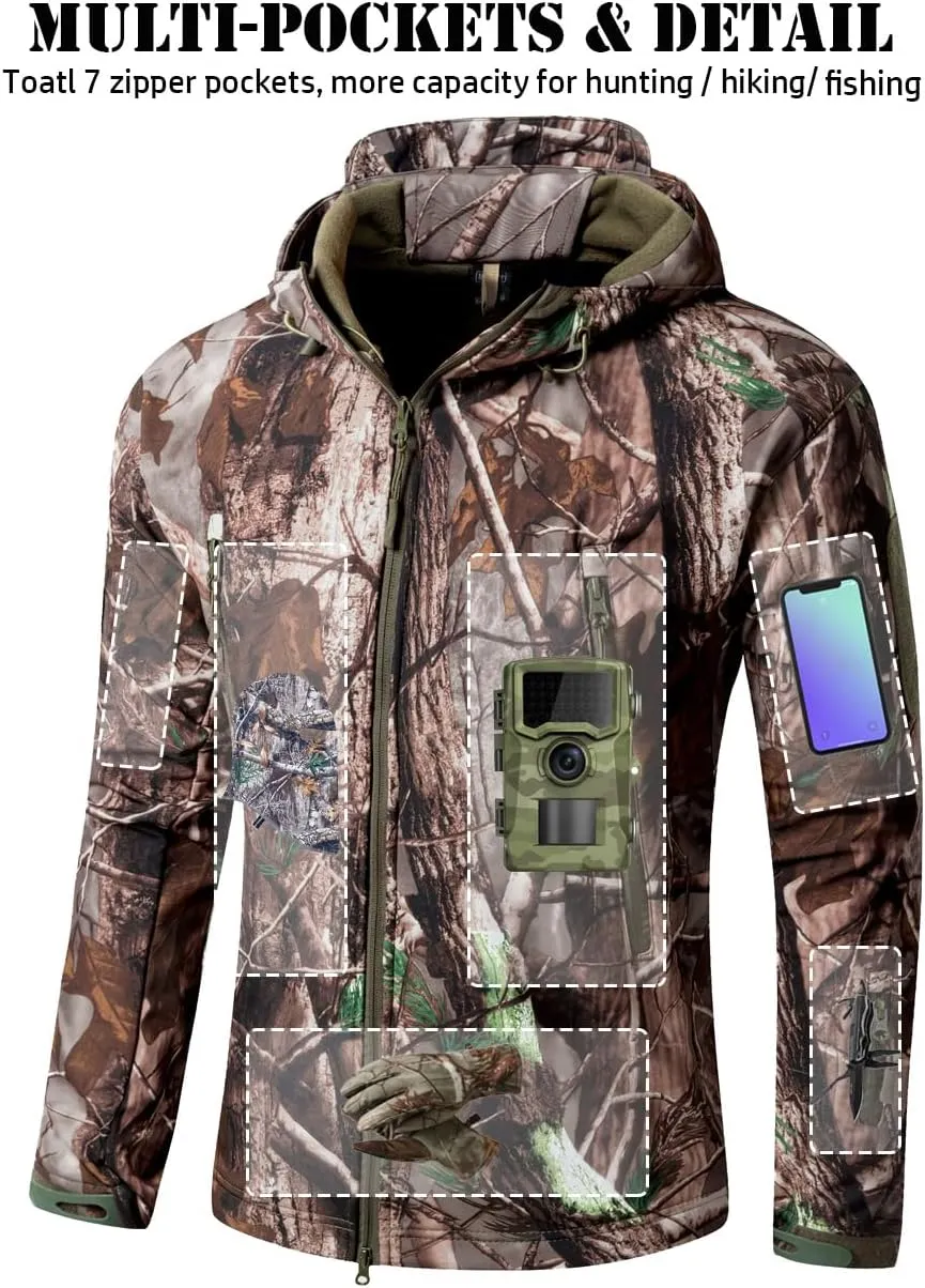 ReFire Gear Men's Soft Shell Military Tactical Jacket Outdoor Camouflage Hunting Fleece Hooded Coat