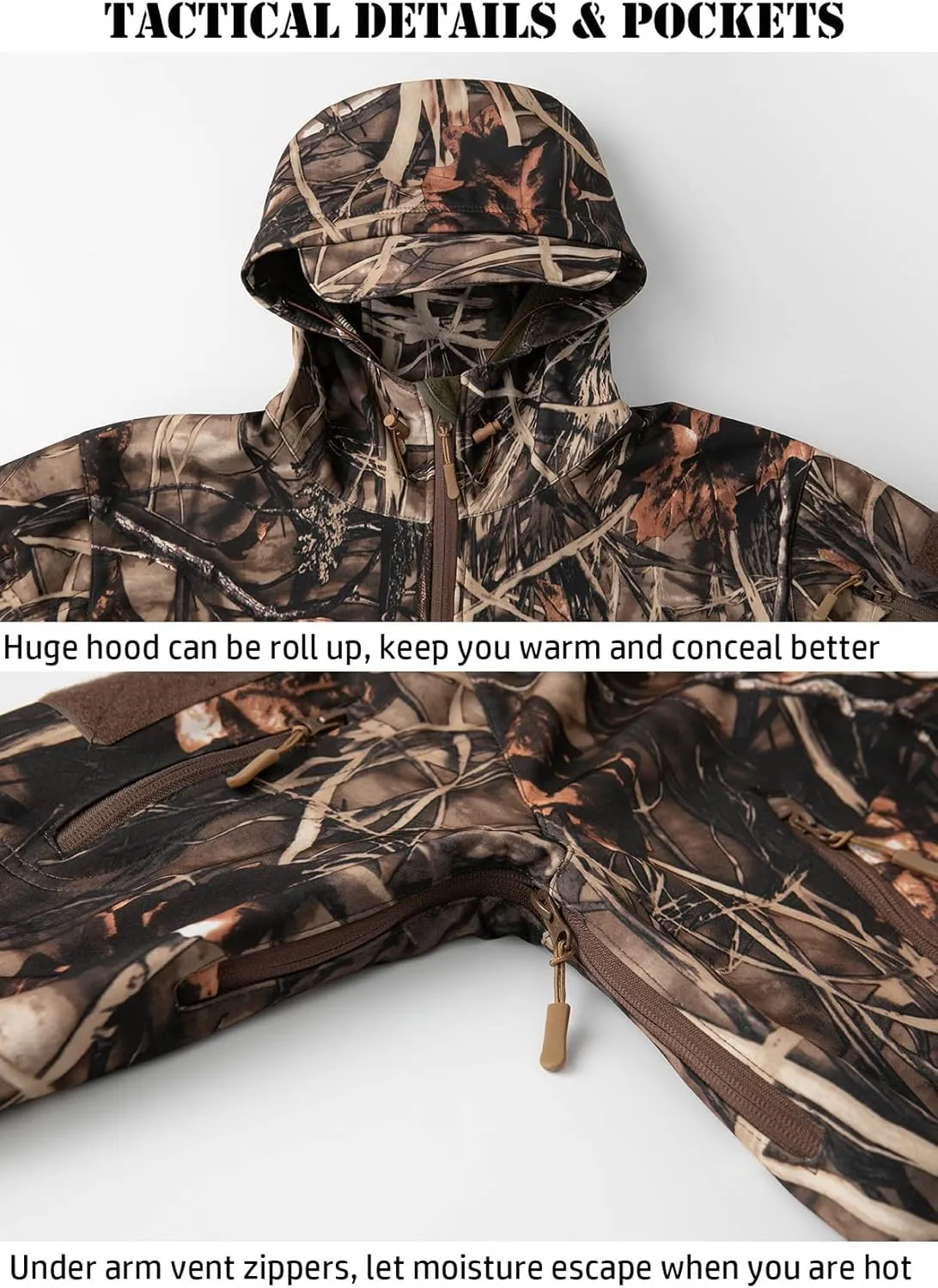 ReFire Gear Men's Soft Shell Military Tactical Jacket Outdoor Camouflage Hunting Fleece Hooded Coat