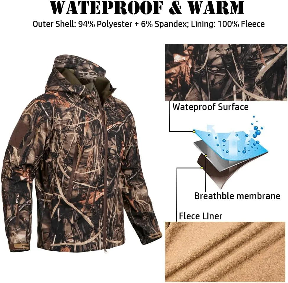 ReFire Gear Men's Soft Shell Military Tactical Jacket Outdoor Camouflage Hunting Fleece Hooded Coat