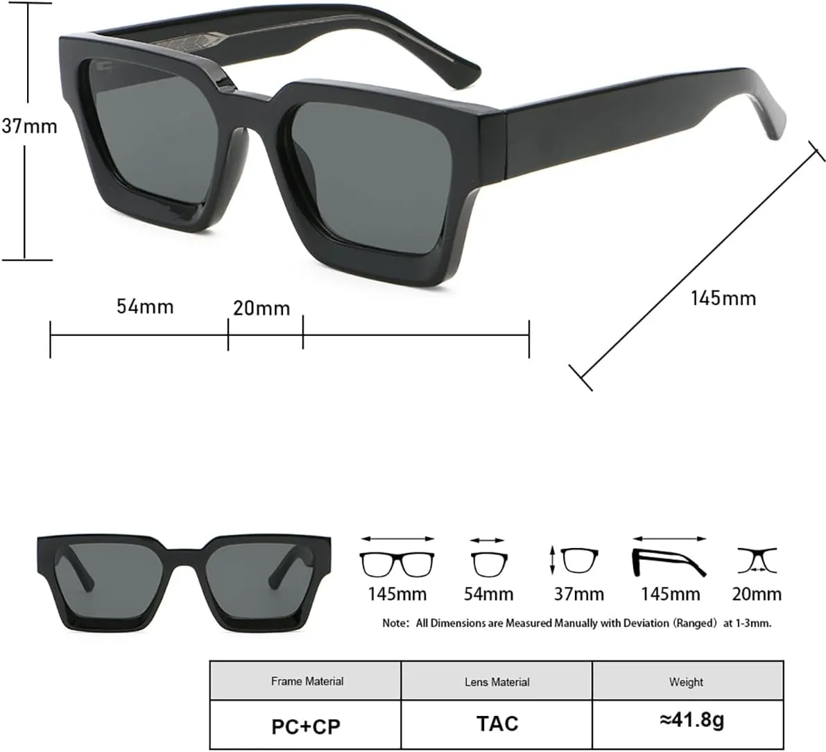 Retro Square Frame Sunglasses Thick Cp Acetate Temple Polarized Sun Glasses Uv400 Unisex Sun Shades