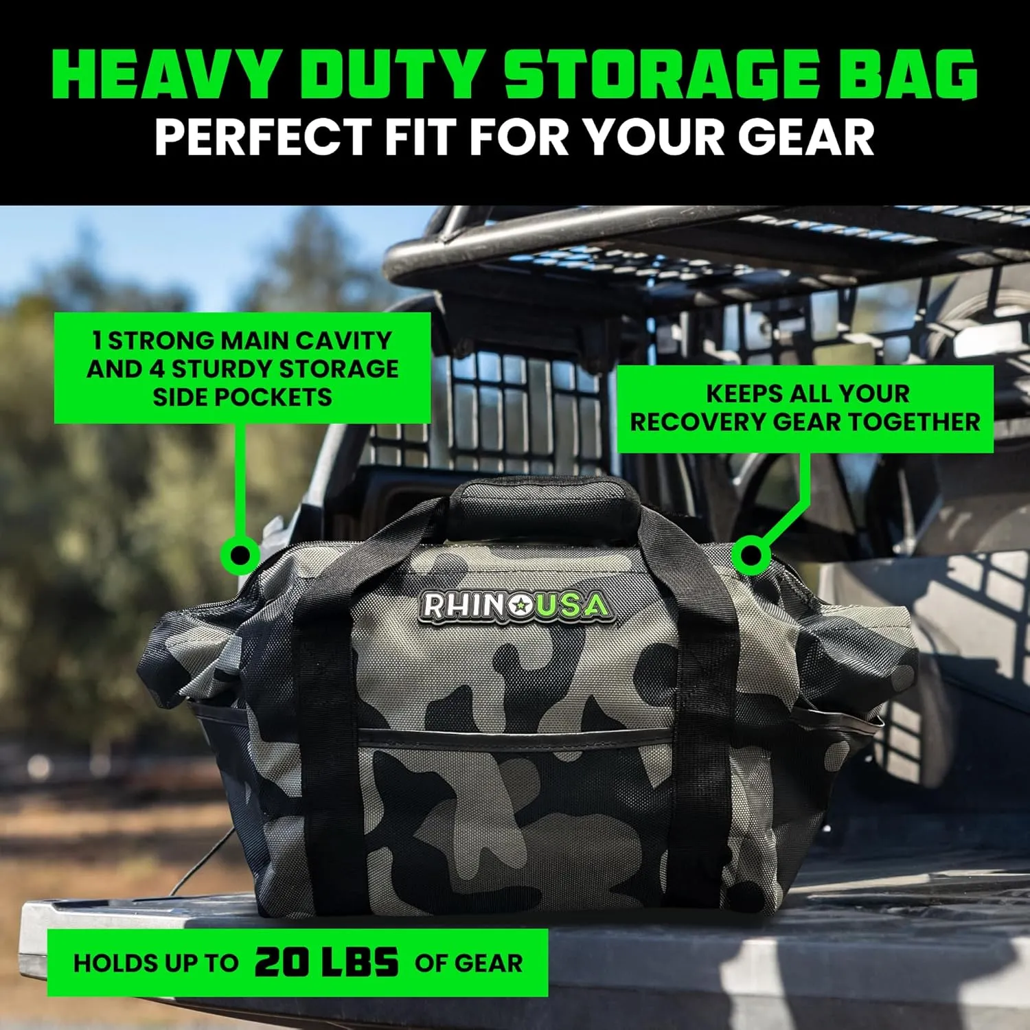 Rhino USA Heavy Duty Recovery Gear Storage Bag - Ultimate Recovery Kit Equipment Bag For Off-Road Gear and 4x4 Accessories - Fits Tow Straps, Shackles, Snatch Block, and UTV Accessories (Camouflage)