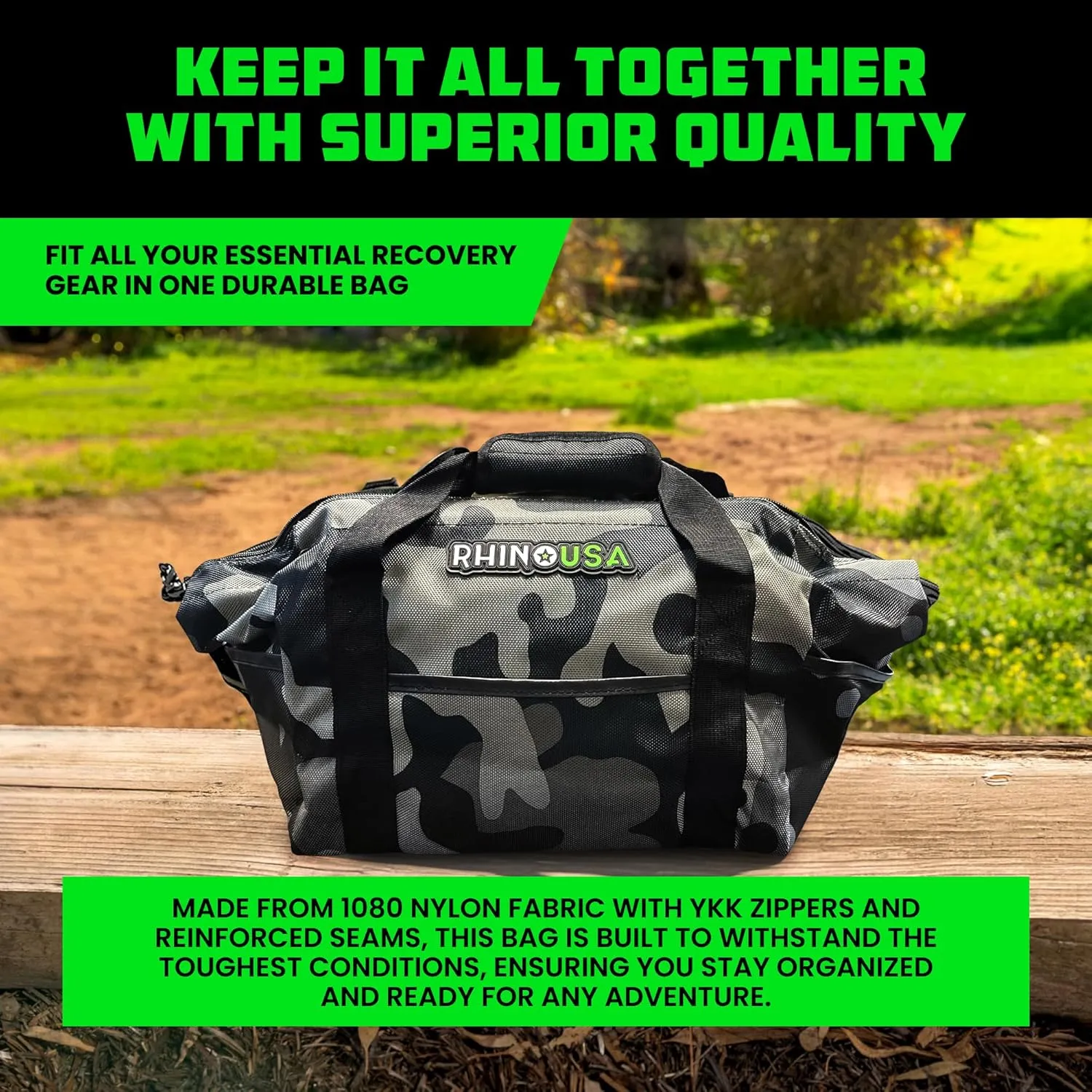 Rhino USA Heavy Duty Recovery Gear Storage Bag - Ultimate Recovery Kit Equipment Bag For Off-Road Gear and 4x4 Accessories - Fits Tow Straps, Shackles, Snatch Block, and UTV Accessories (Camouflage)