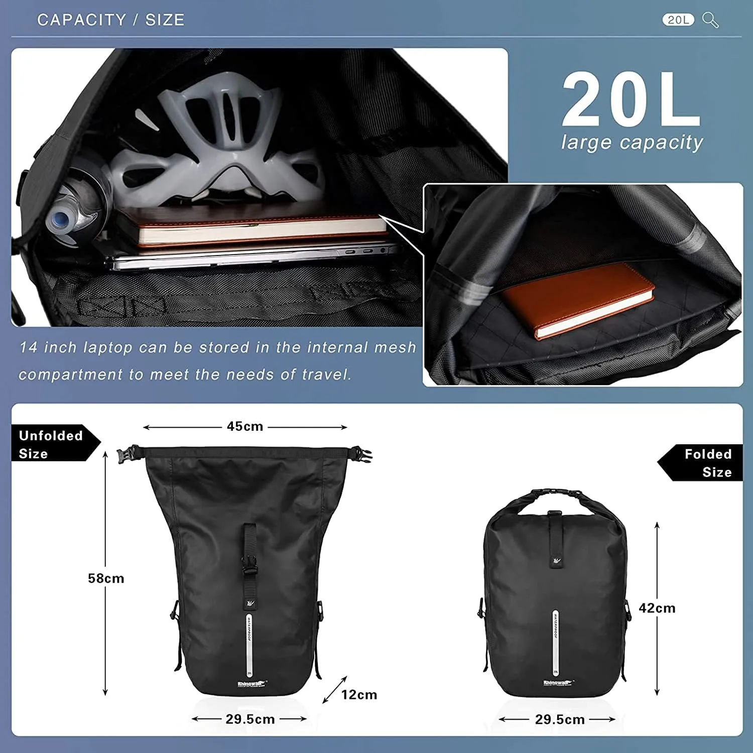 Rhinowalk Bike Pannier Bag, Waterproof Rack Bicycle Bag 20L, Bike Bag Shoulder Bag Laptop Pannier Backpack Professional Cycling Accessories
