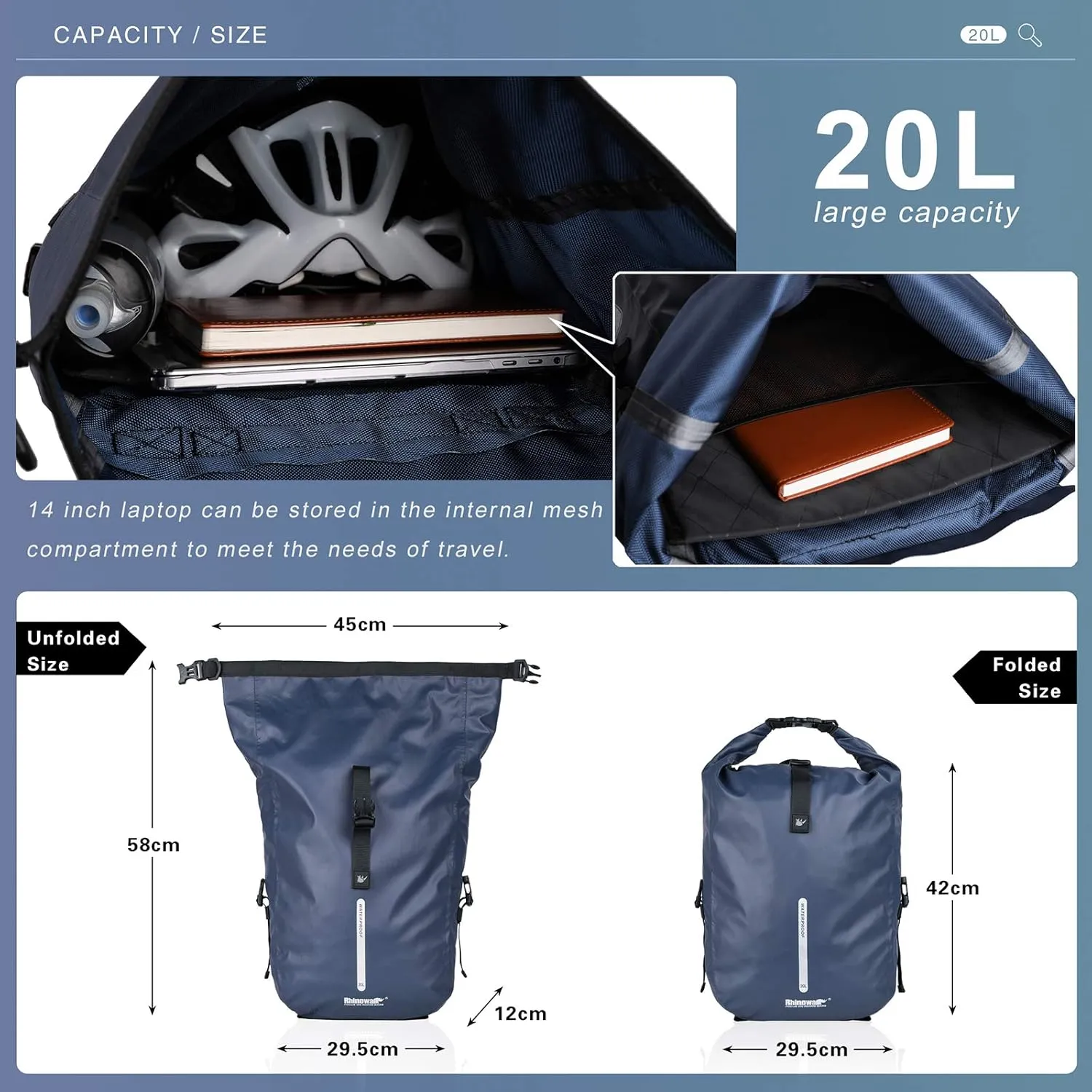 Rhinowalk Bike Pannier Bag, Waterproof Rack Bicycle Bag 20L, Bike Bag Shoulder Bag Laptop Pannier Backpack Professional Cycling Accessories