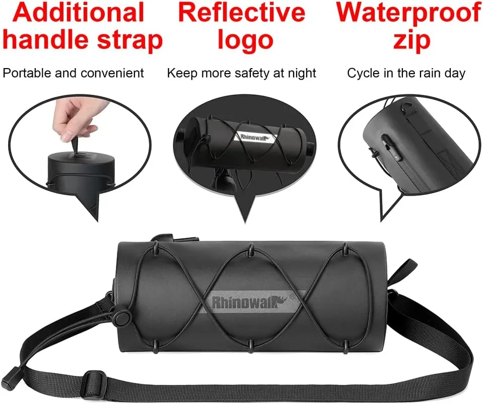 Rhinowalk Bike Waterproof Handlebar Bag, Bicycle Front Bag Fram Storage Roll Bag Mountain Road Bikes Commuter Shoulder Bag Professional Cycling Accessories-Black