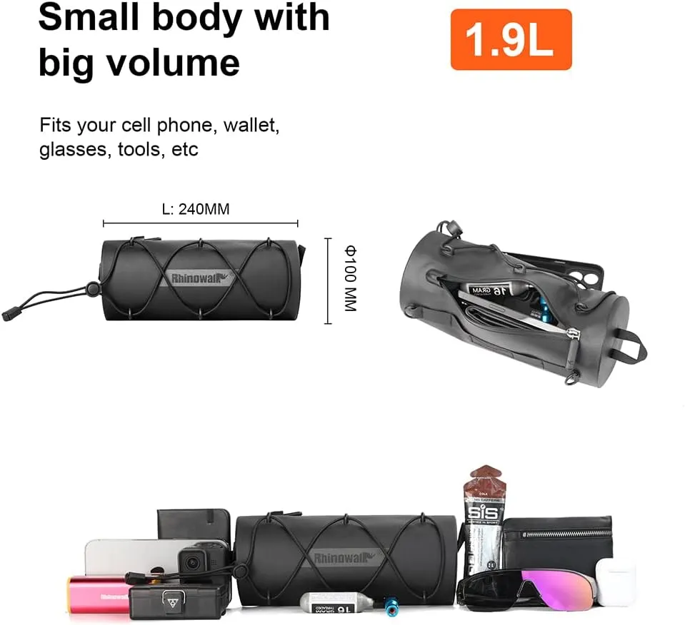 Rhinowalk Bike Waterproof Handlebar Bag, Bicycle Front Bag Fram Storage Roll Bag Mountain Road Bikes Commuter Shoulder Bag Professional Cycling Accessories-Black
