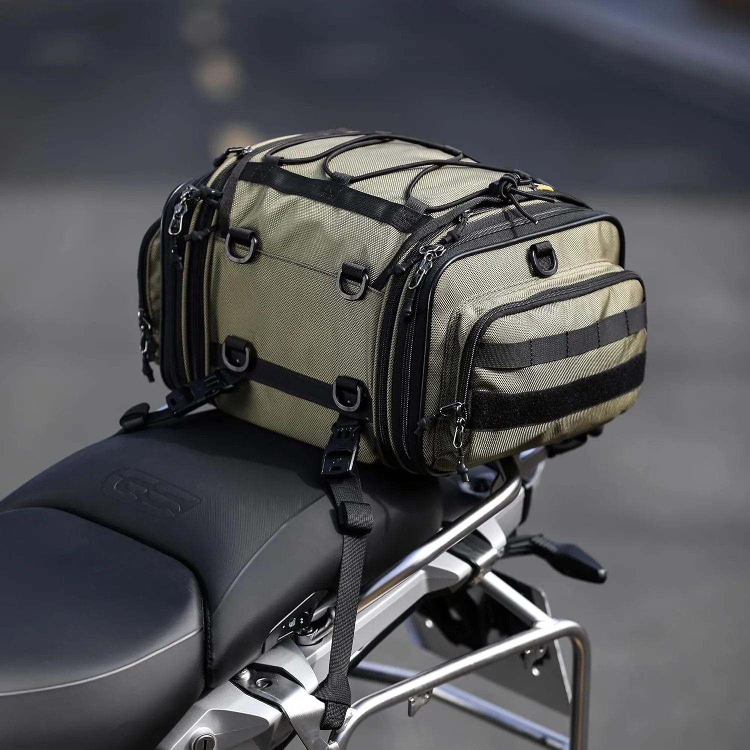 Rhinowalk Motorcycle Tail Bag, Expandable Motorcycle Travel Luggage Bags 26L, Waterproof All-Weather Trunk Rack Bag with Sissy Bar Straps & Helmet Rain Cover – Green