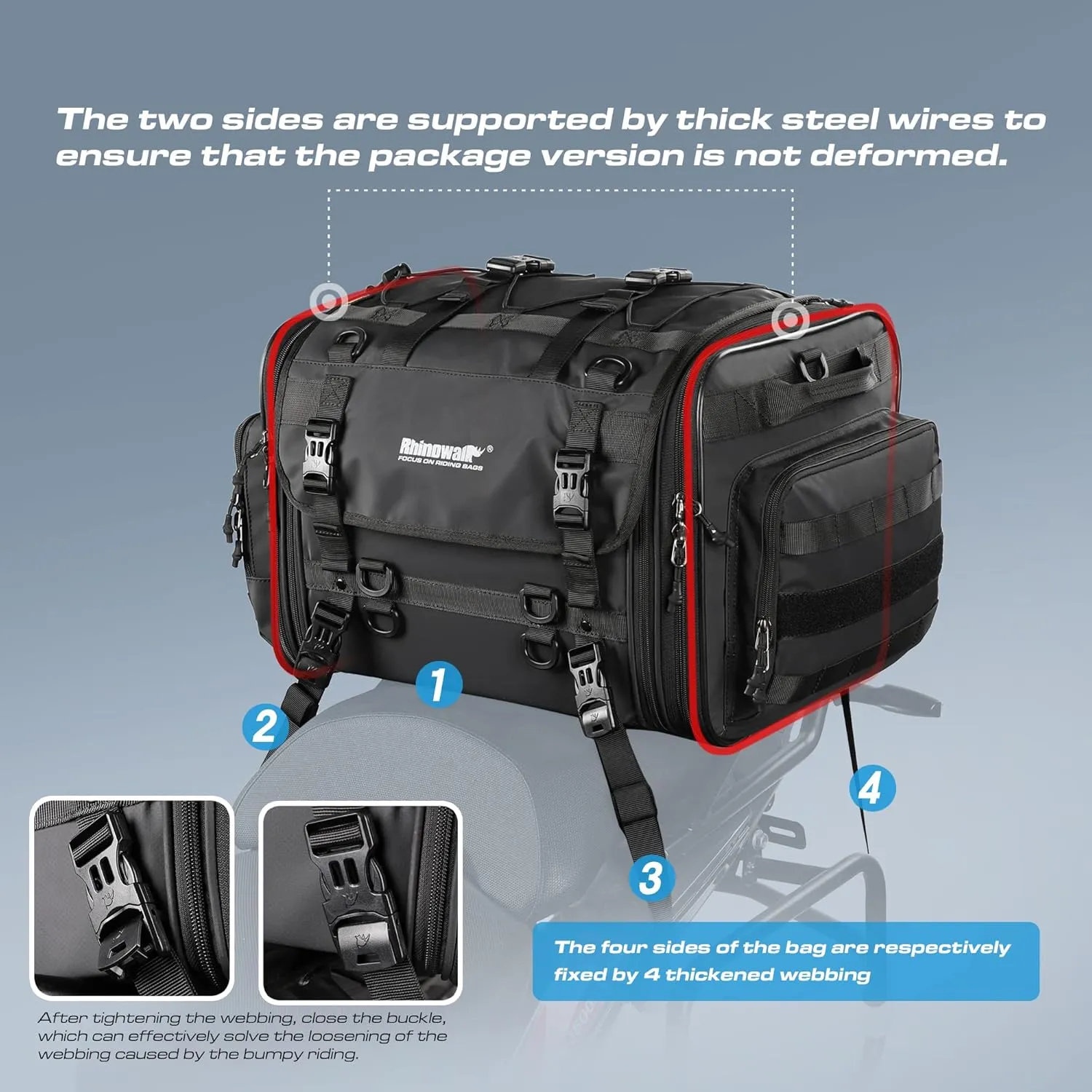 Rhinowalk Motorcycle Tail Bag, Expandable Motorcycle Travel Luggage Bags 60L, Waterproof All-Weather Trunk Rack Bag with Sissy Bar Straps & Helmet Rain Cover – Black