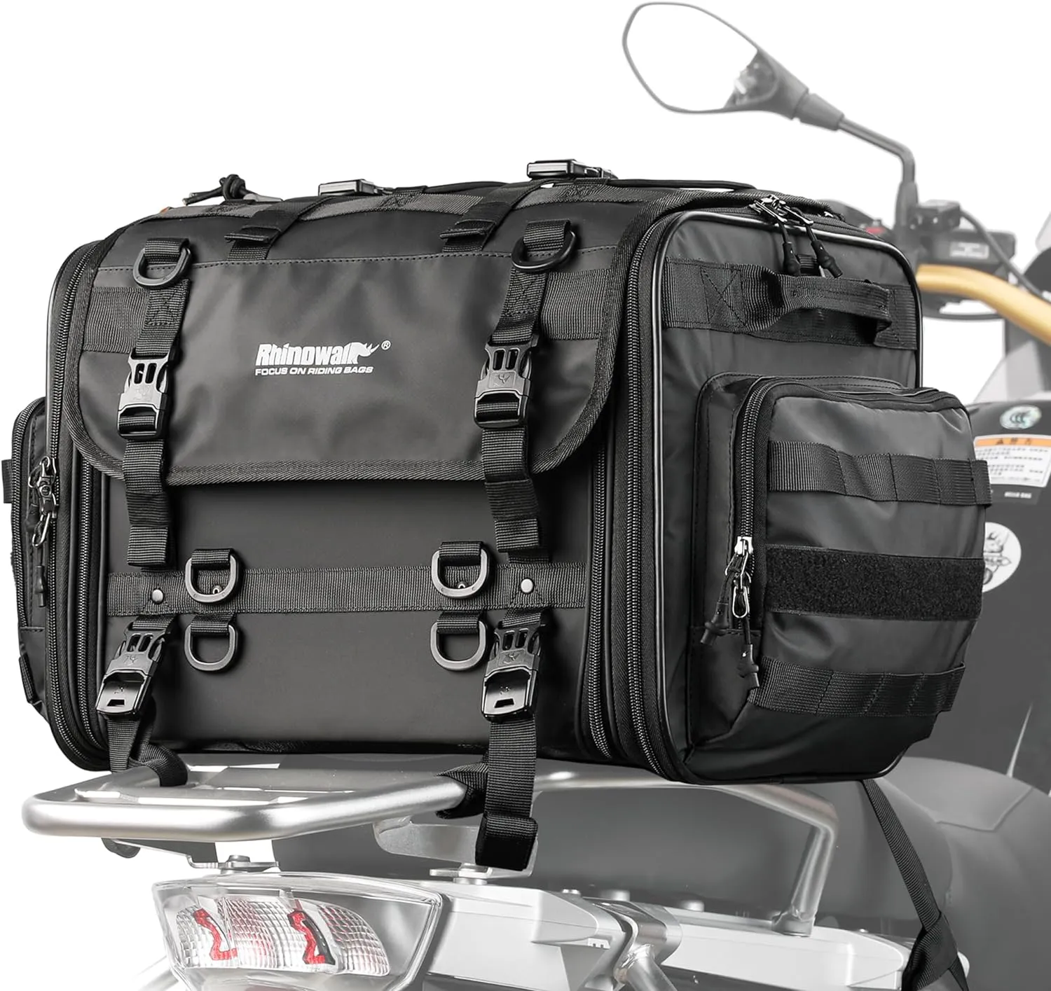 Rhinowalk Motorcycle Tail Bag, Expandable Motorcycle Travel Luggage Bags 60L, Waterproof All-Weather Trunk Rack Bag with Sissy Bar Straps & Helmet Rain Cover – Black