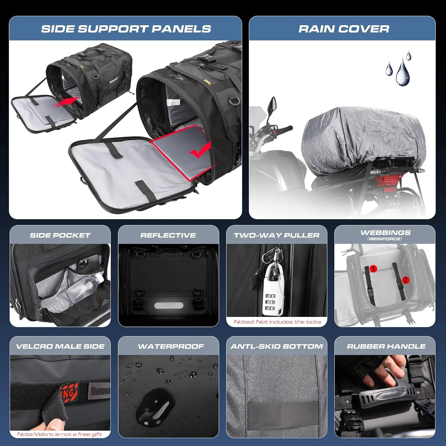 Rhinowalk Motorcycle Tail Bag, Expandable Motorcycle Travel Luggage Bags 60L, Waterproof All-Weather Trunk Rack Bag with Sissy Bar Straps & Helmet Rain Cover – Black