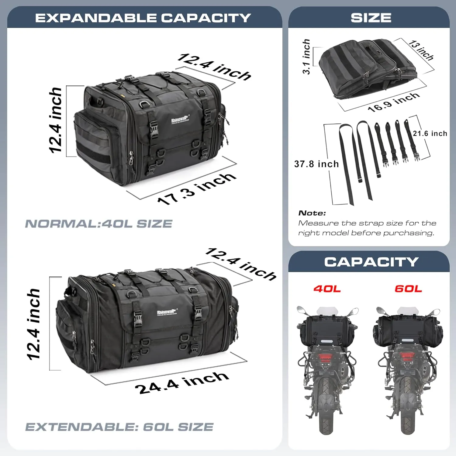Rhinowalk Motorcycle Tail Bag, Expandable Motorcycle Travel Luggage Bags 60L, Waterproof All-Weather Trunk Rack Bag with Sissy Bar Straps & Helmet Rain Cover – Black