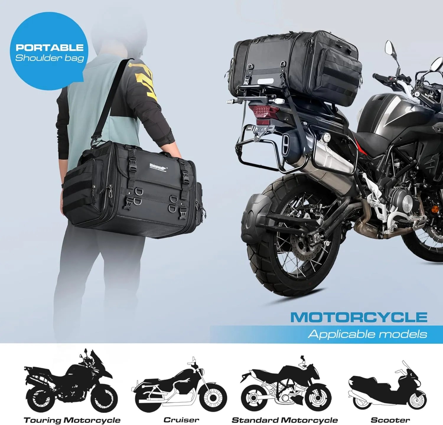 Rhinowalk Motorcycle Tail Bag, Expandable Motorcycle Travel Luggage Bags 60L, Waterproof All-Weather Trunk Rack Bag with Sissy Bar Straps & Helmet Rain Cover – Black