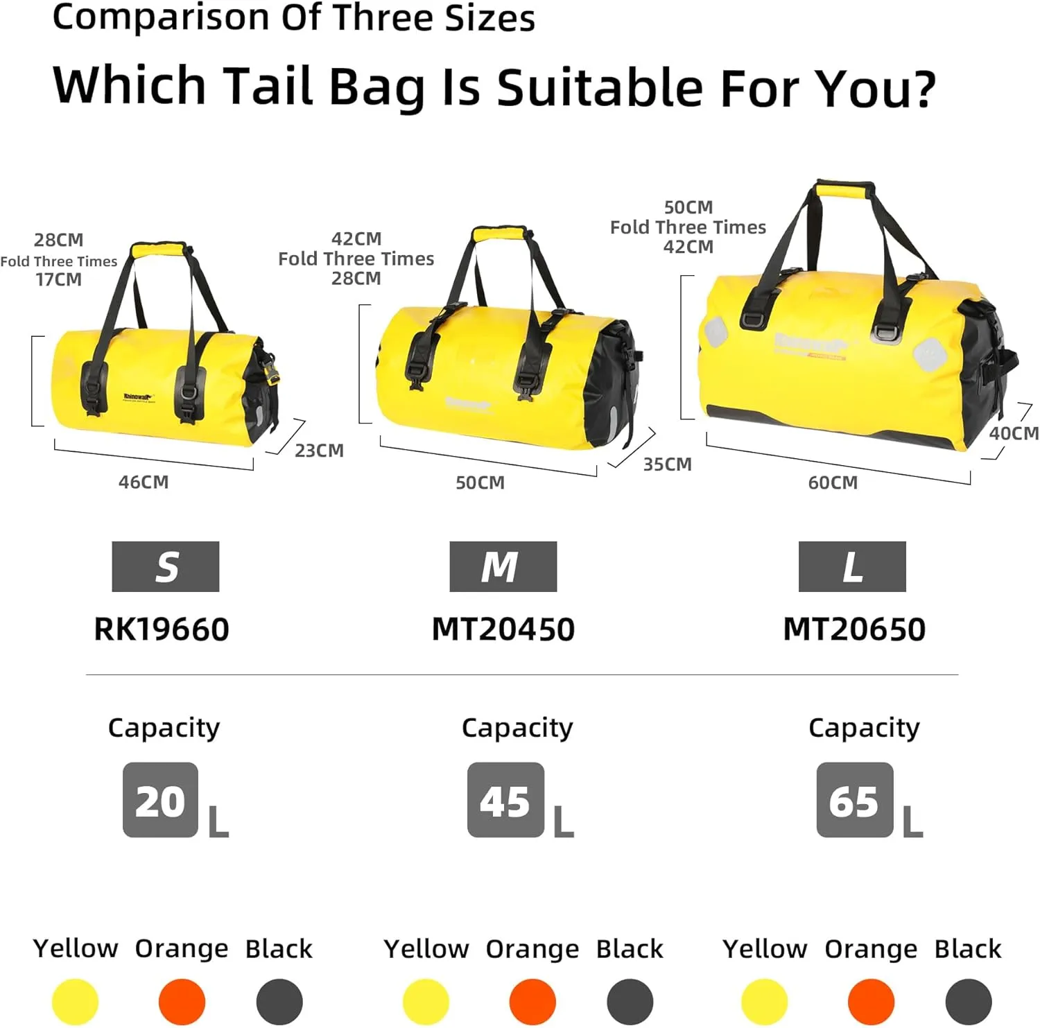 Rhinowalk Waterproof Dry Bag 45L Duffle Bag Motorcycle Travel Luggage with Large Storage Space Motorbike Rear Rack Trunk Bag for Boating, Bicycle-Orange