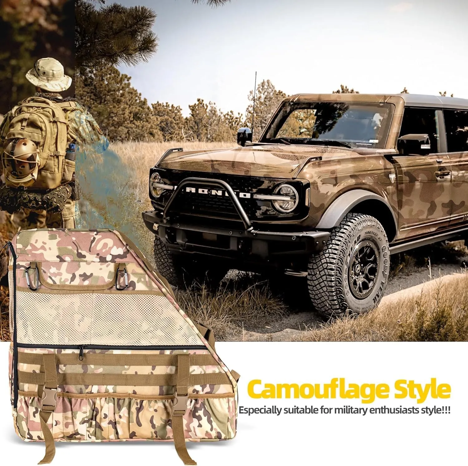Roll Bar Storage Bag US Flag and Camouflage Multi-Pockets Organizers Storage Bag for Bronco 2020-2024  4-Door