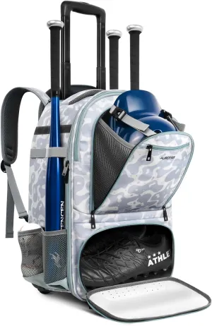 Rolling Baseball Backpack with Off-road Wheels, Wheeled Catchers Gear Bag for Baseball Equipment, 4 Bats, Large Softball Bag for TBall, Helmet & Accessories with Fence Hook