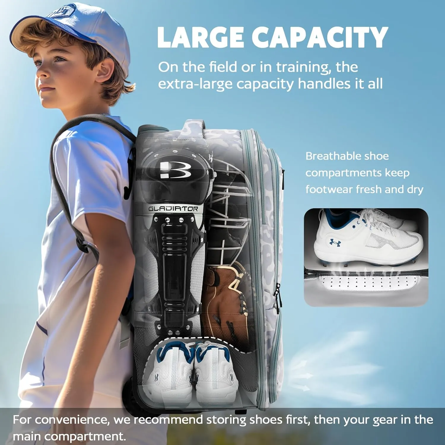 Rolling Baseball Backpack with Off-road Wheels, Wheeled Catchers Gear Bag for Baseball Equipment, 4 Bats, Large Softball Bag for TBall, Helmet & Accessories with Fence Hook