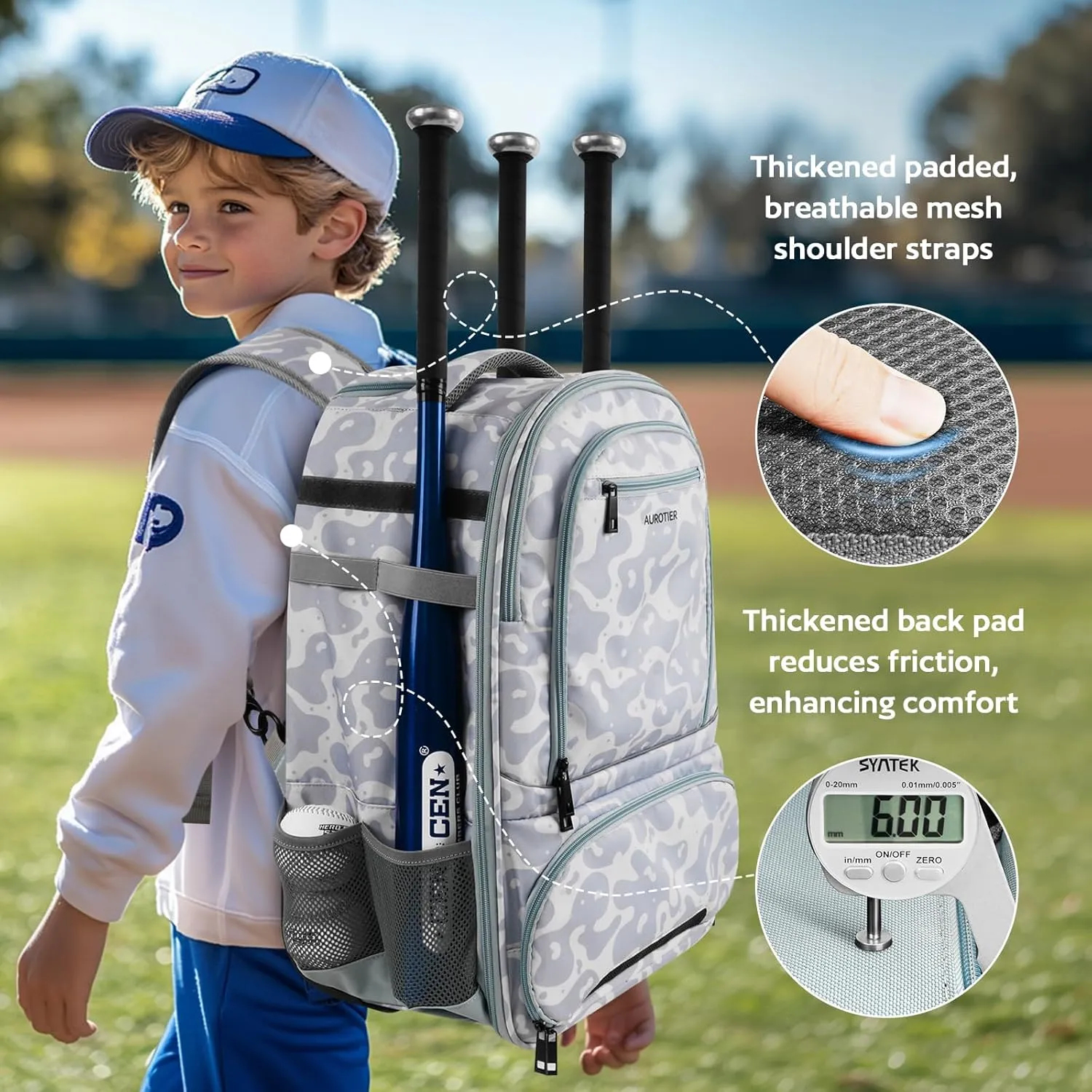 Rolling Baseball Backpack with Off-road Wheels, Wheeled Catchers Gear Bag for Baseball Equipment, 4 Bats, Large Softball Bag for TBall, Helmet & Accessories with Fence Hook