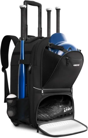 Rolling Baseball Backpack with Off-road Wheels, Wheeled Catchers Gear Bag for Baseball Equipment, 4 Bats, Large Softball Bag for TBall, Helmet & Accessories with Fence Hook
