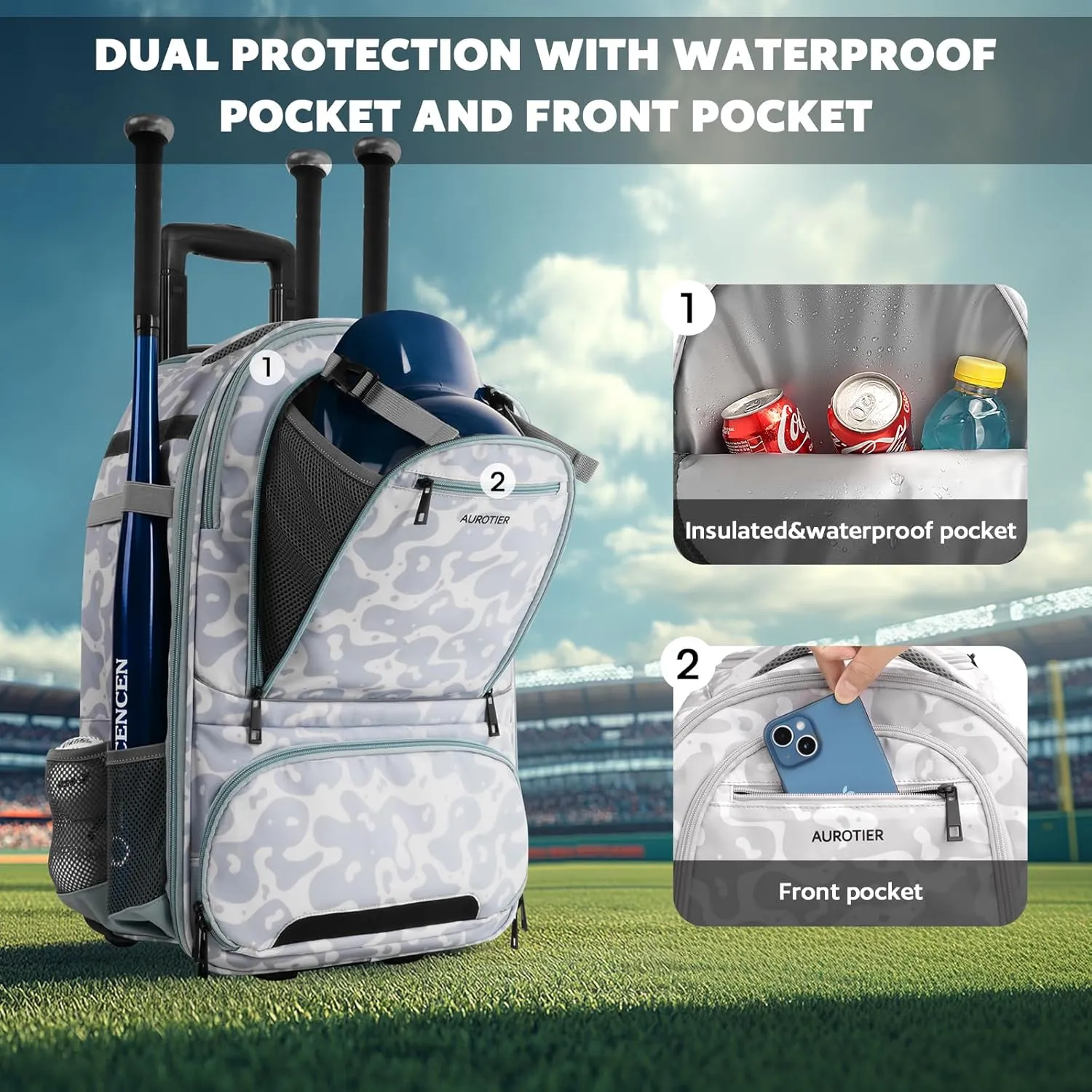 Rolling Baseball Backpack with Off-road Wheels, Wheeled Catchers Gear Bag for Baseball Equipment, 4 Bats, Large Softball Bag for TBall, Helmet & Accessories with Fence Hook