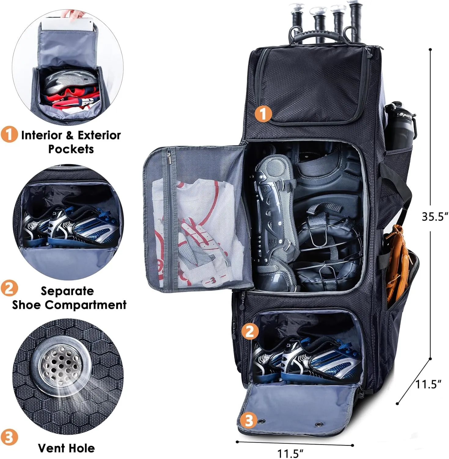 Rolling Baseball Bag With Wheels, Seperate Shoe Compartment and Fence Hook - Large Softball Bag for T-Ball - Team Equipment Duffle Bag - Catcher Gear Bag for Boys 8-12, Youth, Adults