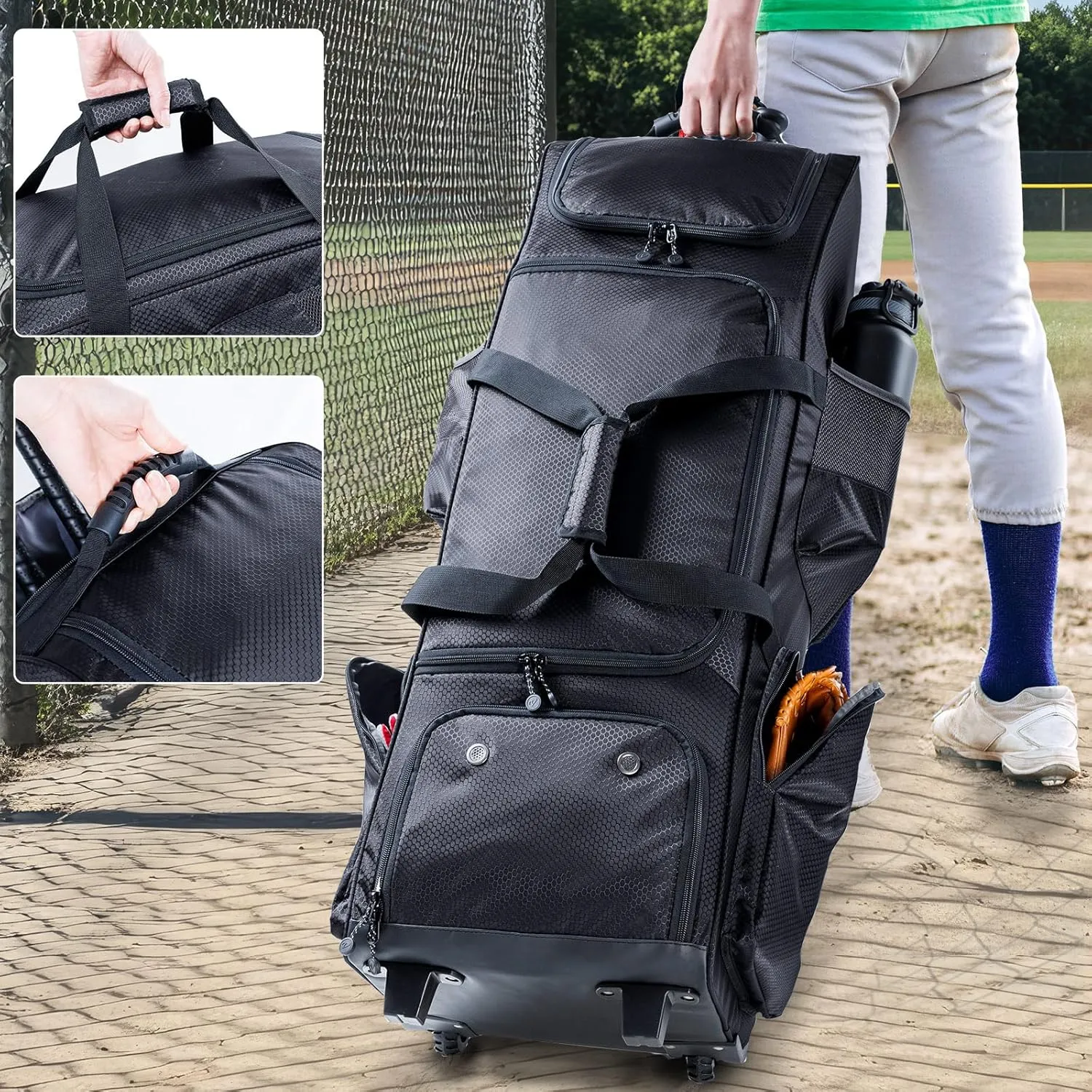 Rolling Baseball Bag With Wheels, Seperate Shoe Compartment and Fence Hook - Large Softball Bag for T-Ball - Team Equipment Duffle Bag - Catcher Gear Bag for Boys 8-12, Youth, Adults