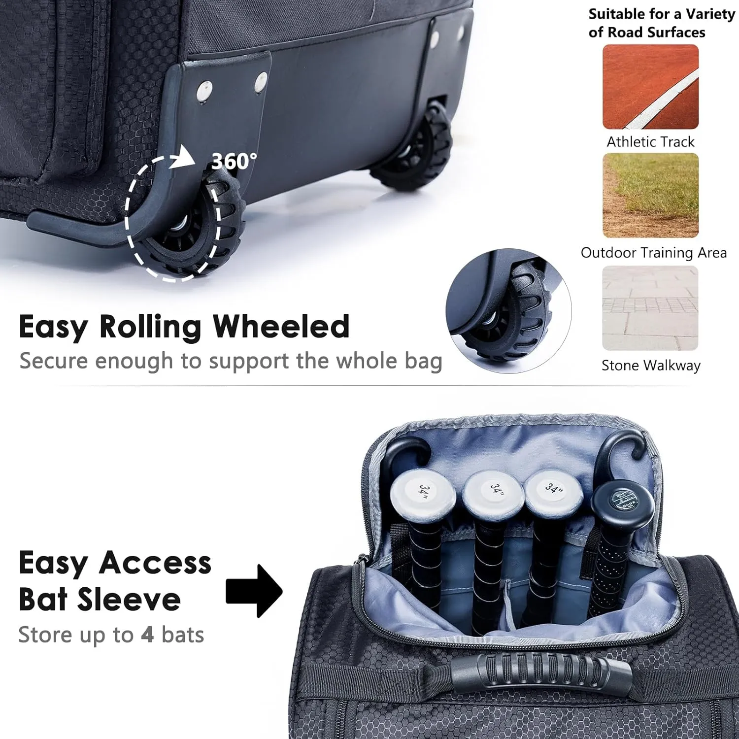 Rolling Baseball Bag With Wheels, Seperate Shoe Compartment and Fence Hook - Large Softball Bag for T-Ball - Team Equipment Duffle Bag - Catcher Gear Bag for Boys 8-12, Youth, Adults