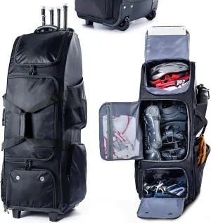 Rolling Baseball Bag With Wheels, Seperate Shoe Compartment and Fence Hook - Large Softball Bag for T-Ball - Team Equipment Duffle Bag - Catcher Gear Bag for Boys 8-12, Youth, Adults